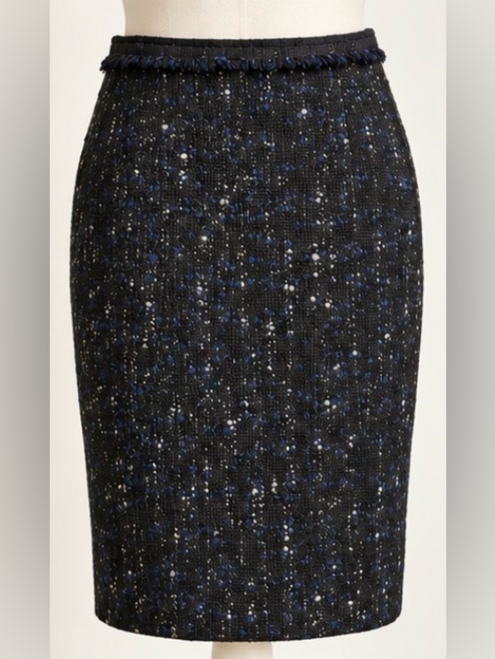 [Elie Tahari] Black Navy Tweed Wool Alpaca Mohair Pencil Skirt Size 8
